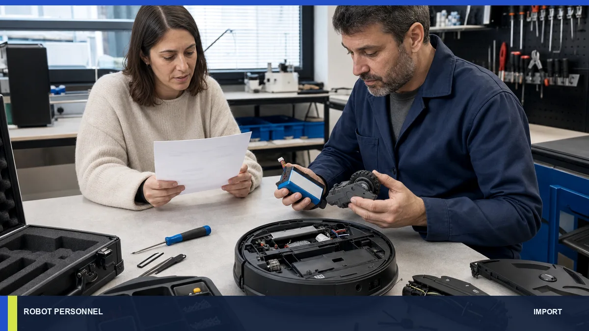 Technicien et propriétaire examinant les modules réparables d’un robot.