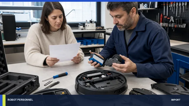 Technicien et propriétaire examinant les modules réparables d’un robot.