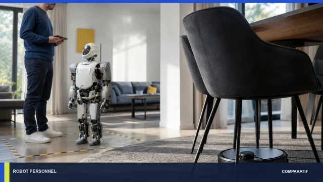 Aspirateur robot en action et humanoïde inactif dans une zone de test.