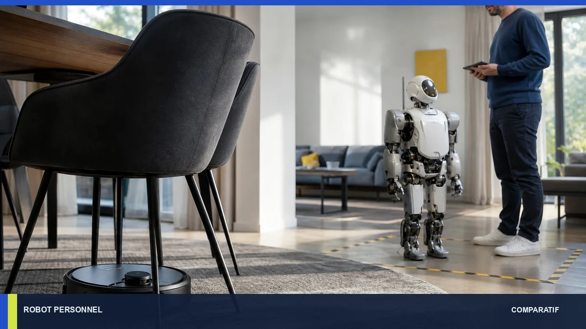 Aspirateur robot fonctionnel et humanoïde expérimental séparés dans un salon.