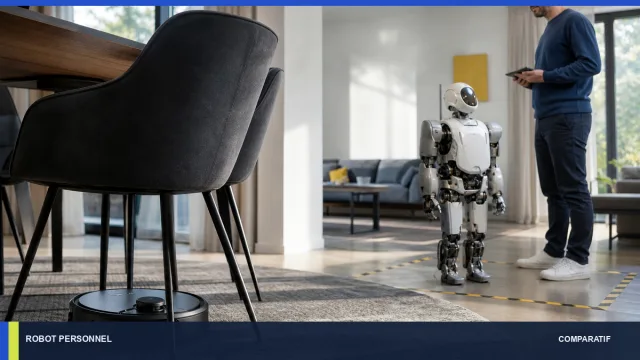 Aspirateur robot fonctionnel et humanoïde expérimental séparés dans un salon.
