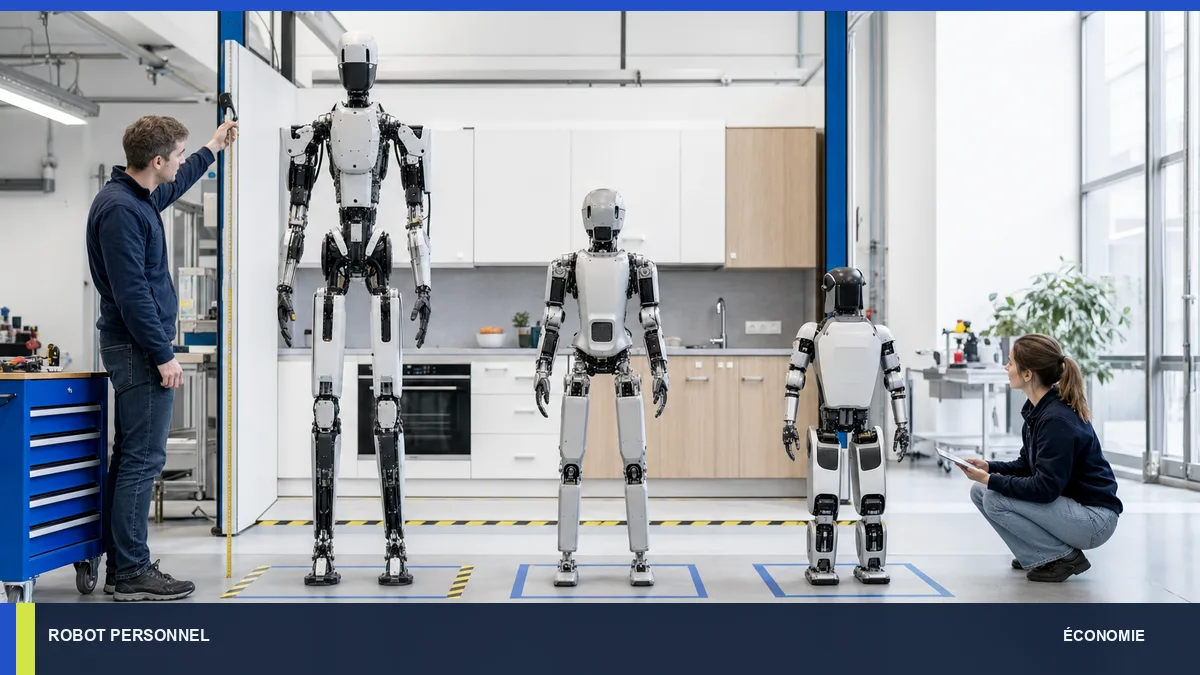 Trois tailles de robots humanoïdes alignées dans un laboratoire clair.