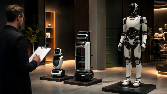 Trois tailles de robots humanoïdes comparées dans un laboratoire domestique.