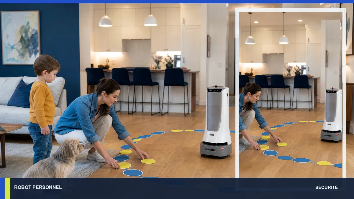 Parent créant une zone de sécurité entre un robot, un enfant et un chien.