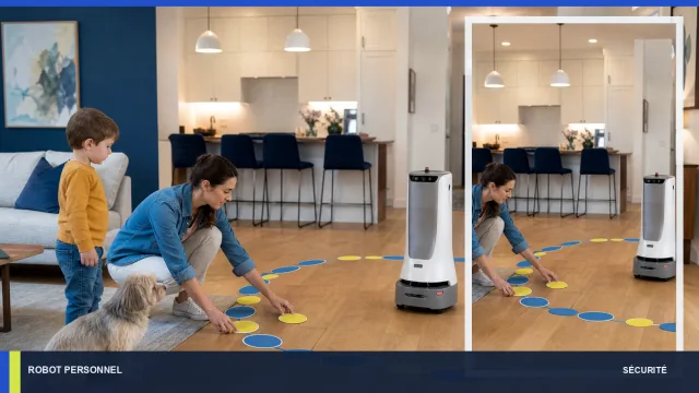 Parent créant une zone de sécurité entre un robot, un enfant et un chien.
