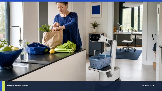 Robot utilitaire réalisant un transport léger dans une cuisine supervisée.