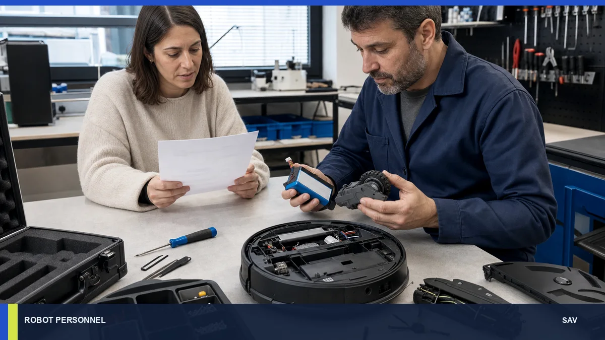 Technicien présentant modules, batterie et pièces d’un robot à sa propriétaire.