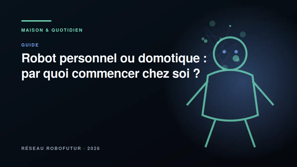 Salon moderne partagé entre un robot mobile au sol et des équipements domotiques fixes au mur