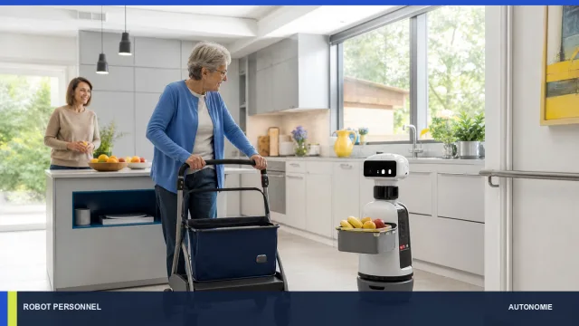 Personne âgée et robot utilitaire transportant des paniers dans une cuisine accessible.