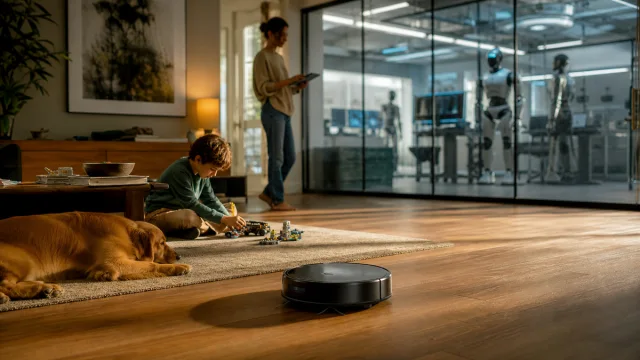 Aspirateur robot passant sous une chaise tandis qu’un humanoïde est testé à distance.