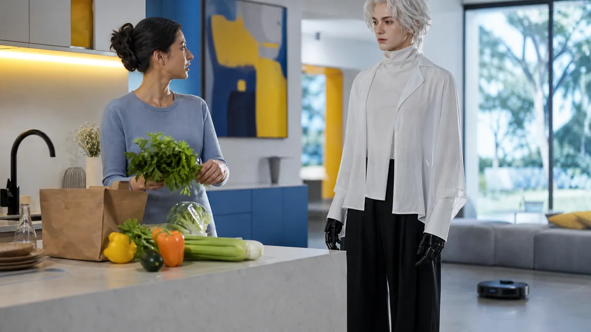 Un robot humanoïde UWORLD U1 converse dans une cuisine tandis que l’habitante range elle-même ses courses
