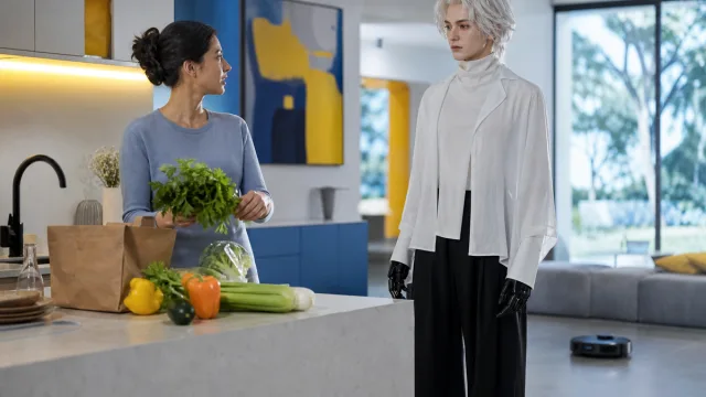 Un robot humanoïde UWORLD U1 converse dans une cuisine tandis que l’habitante range elle-même ses courses