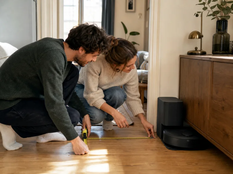 Jeune couple mesurant l'emplacement d'une station compacte de robot aspirateur générique