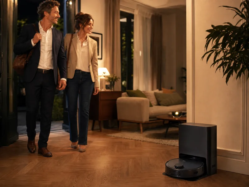 Couple rentrant chez lui pendant qu'un robot aspirateur générique rejoint sa station complète