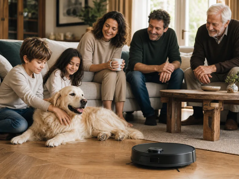 Famille multigénérationnelle profitant du salon pendant qu'un robot aspirateur générique entretient le sol