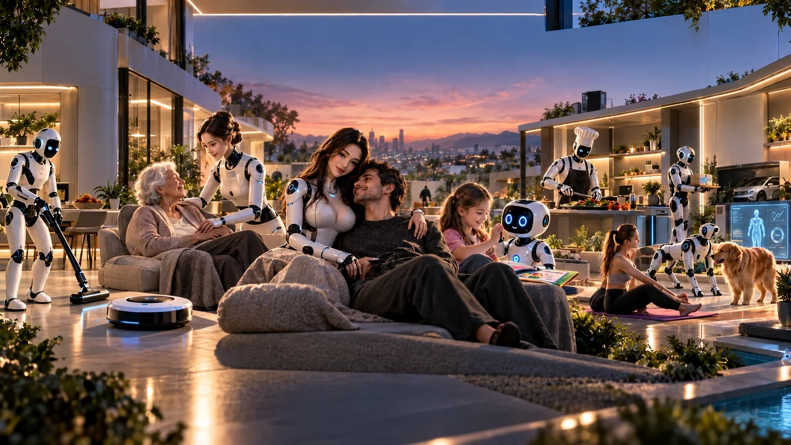 Une famille se détend au crépuscule entourée de robots personnels : ménage, cuisine, lecture avec les enfants et compagnie
